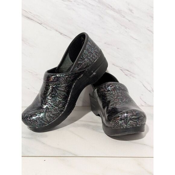 Dansko Women's Black Blue & Purple Iridescent Lace Look Comfort Leather Clog Siz - Picture 1 of 6
